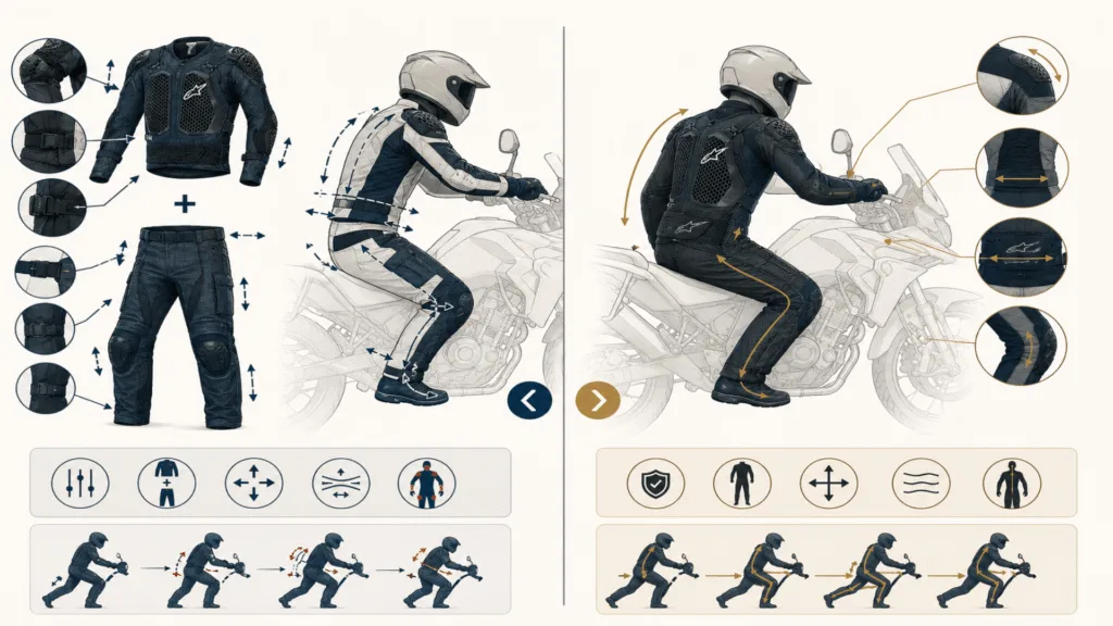 Protection components diagram showing armor in touring suit including chest hip knee and shoulders
