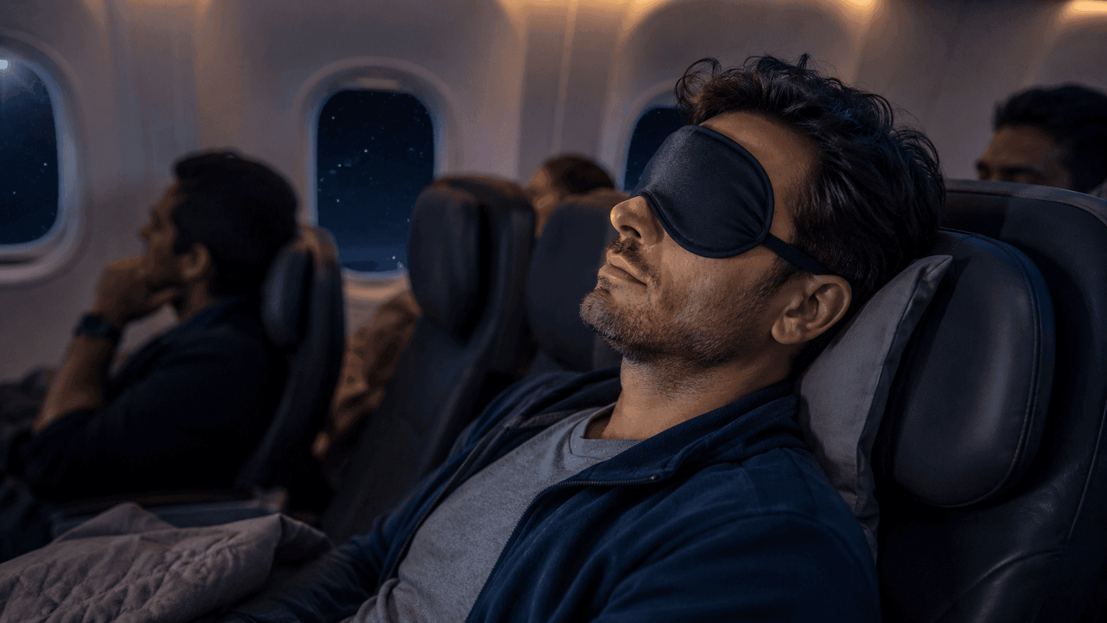 A frustrated traveler on an airplane with wide-open eyes showing inability to sleep