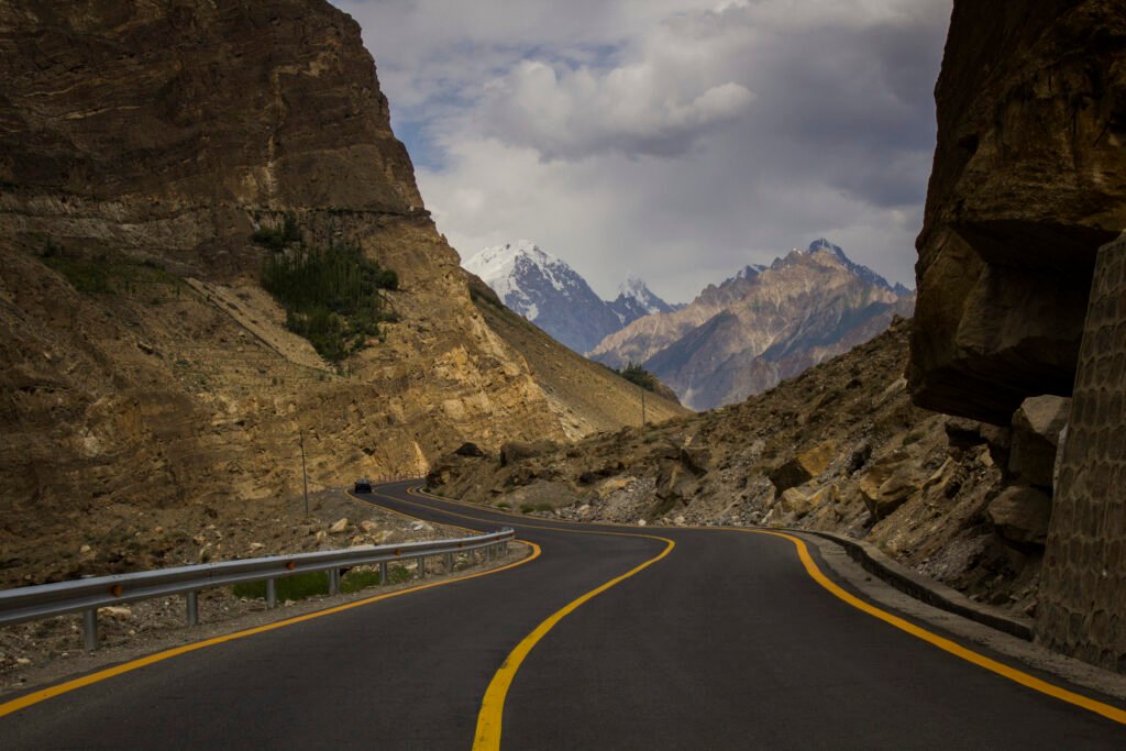 Mountain road along the Karakoram Highway in northern Pakistan