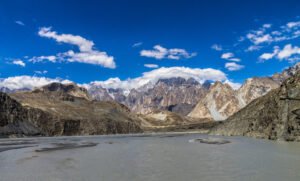 Tupopdan, the Passu Cones, seen from the Hussaini suspension bridge in Gojal, Upper Hunza