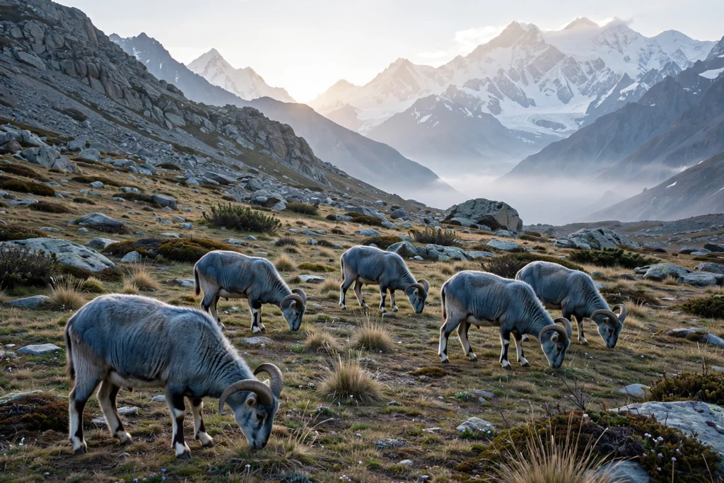 Blue sheep herd grazing on a high alpine meadow in Gilgit-Baltistan