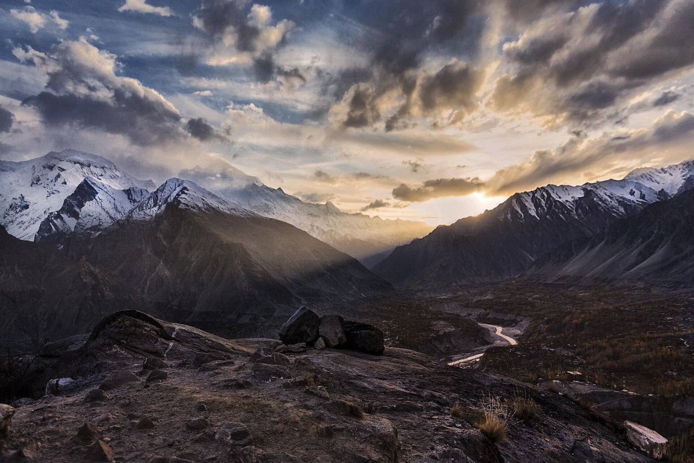 Sunset over Rakaposhi and the Hunza Valley from the Eagle's Nest viewpoint at Duikar