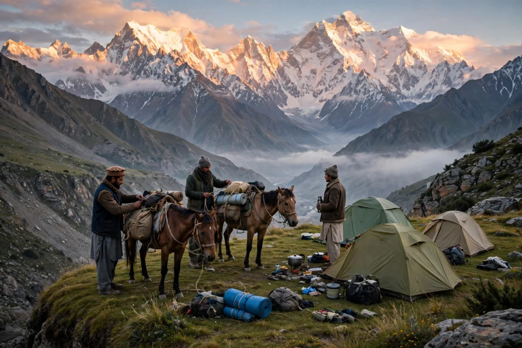 Mountain expedition camp with guides and pack horses at dawn in Gilgit-Baltistan