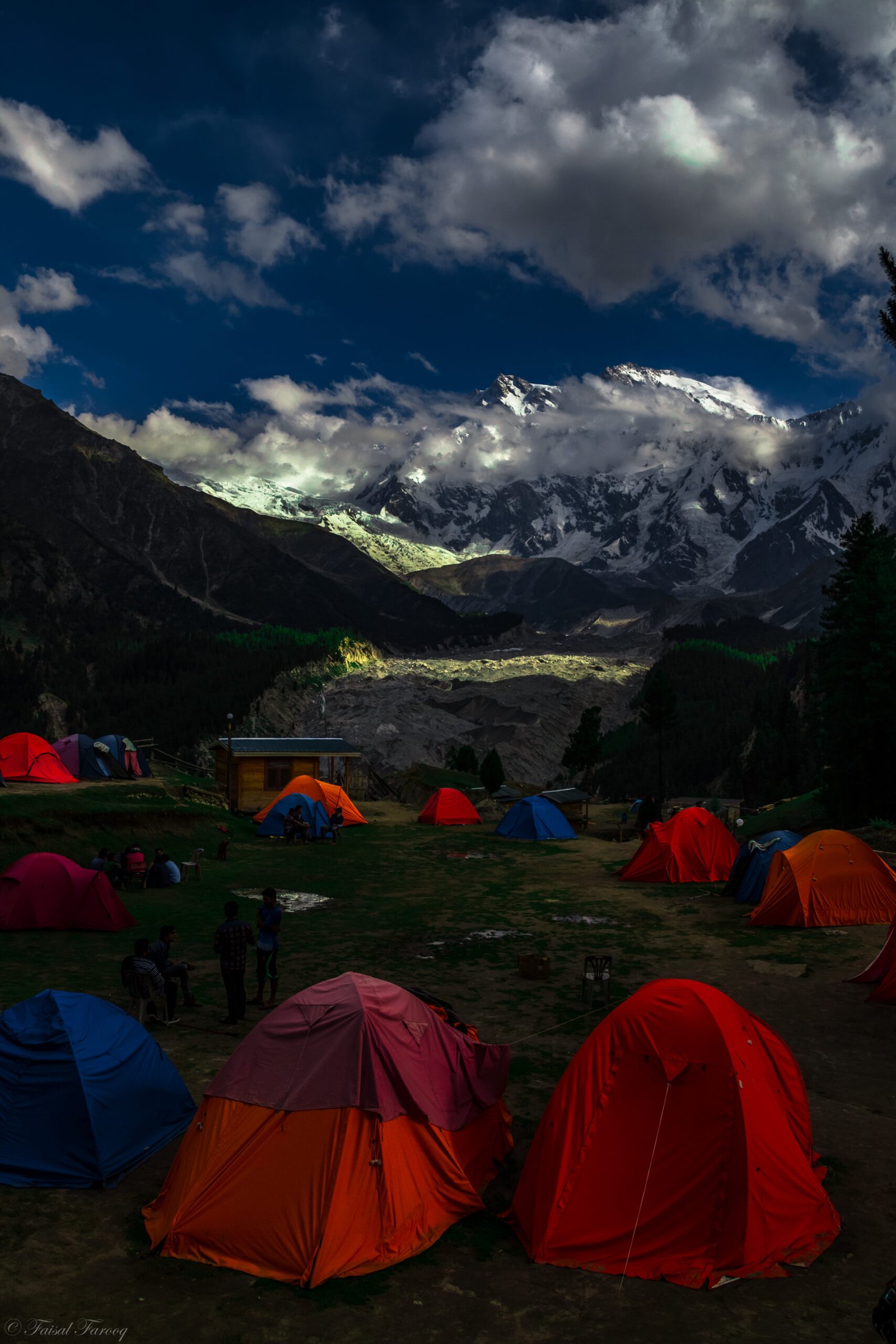 Camps at Fairy Meadows with Nanga Parbat rising above the Diamer Valley