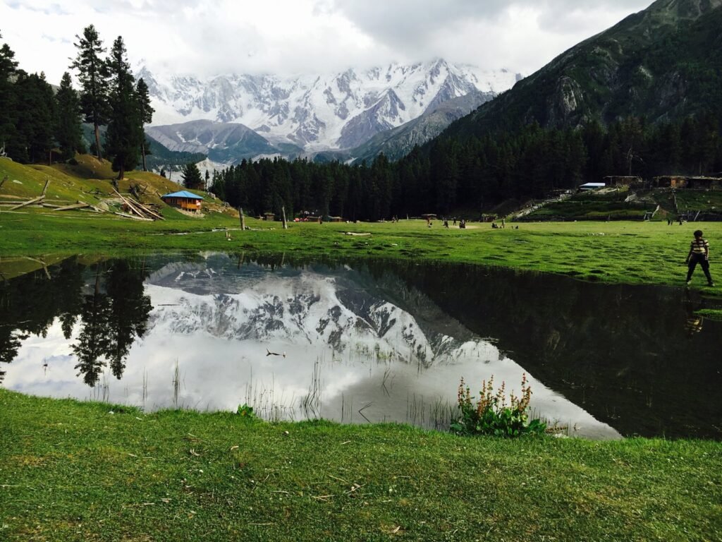 Fairy Meadows with wooden huts and Nanga Parbat rising behind, Gilgit-Baltistan