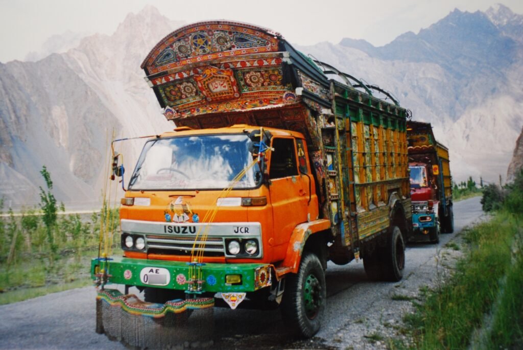 Decorated truck driving the Karakoram Highway at Passu in Upper Hunza
