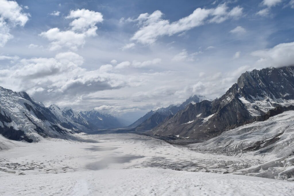 Snow Lake ice basin ringed by high Karakoram peaks on the Biafo Glacier