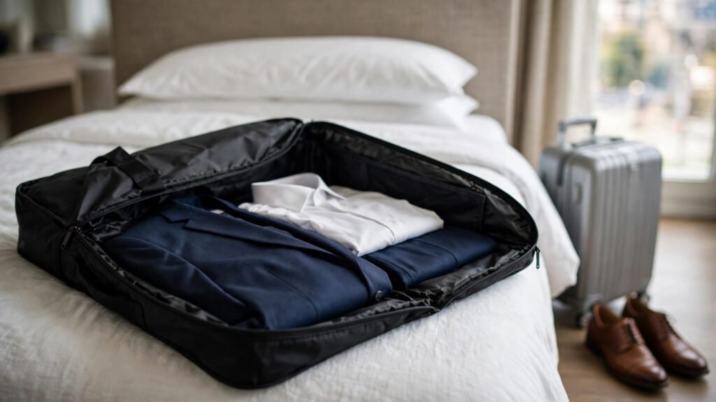 Garment travel bag with a suit and dress shirt packed for a business trip