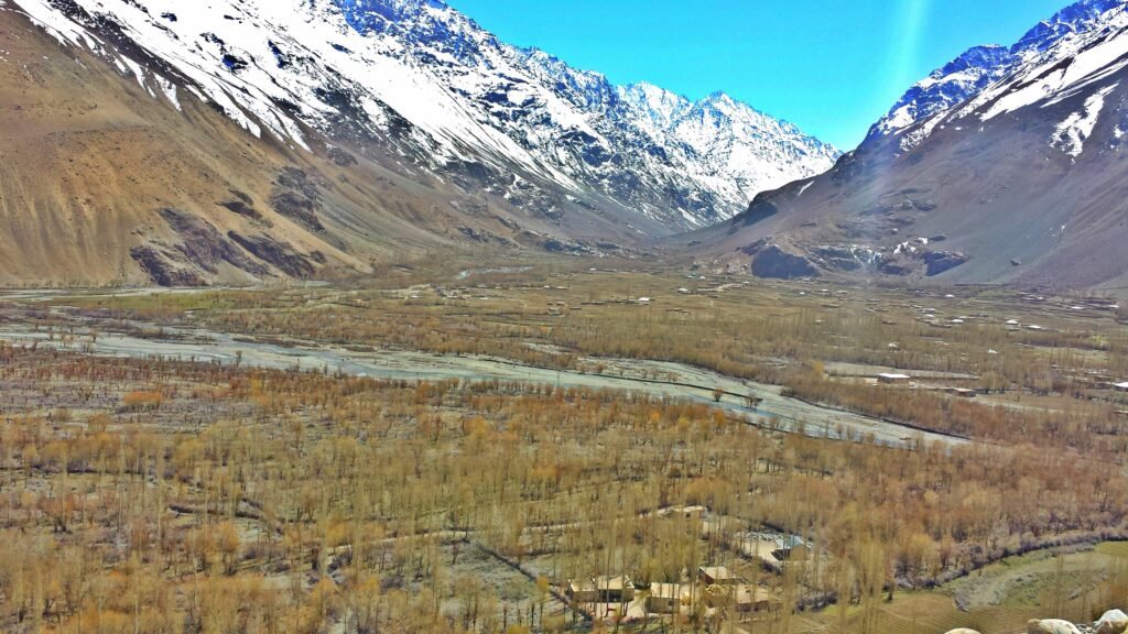 Handarap Valley and river beneath snow-capped peaks in Ghizer District