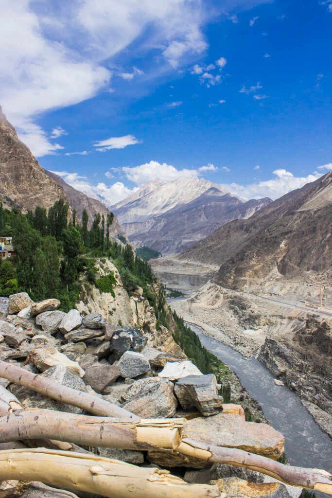 The Hunza River with the Karakoram Highway road across the valley in Hunza Valley