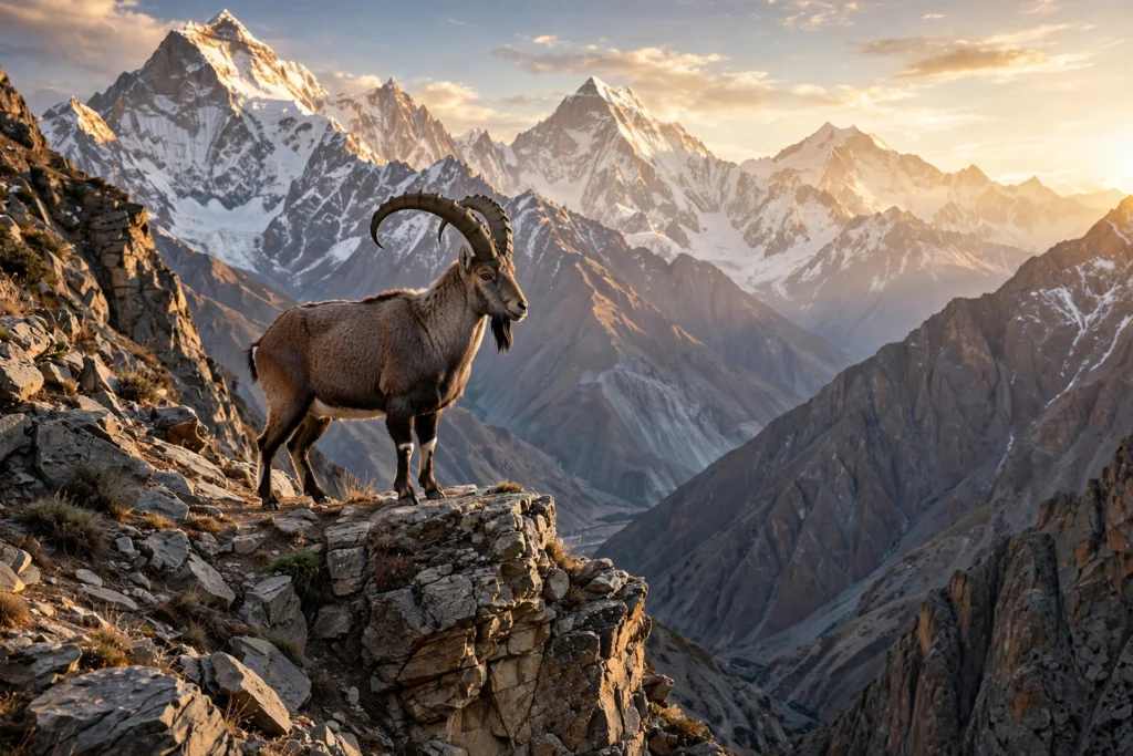 Himalayan ibex with curved horns standing on a rocky cliff in Gilgit-Baltistan