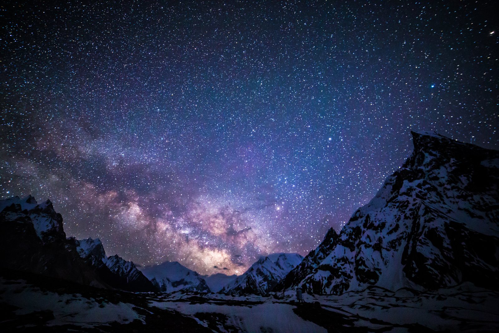 The Milky Way over snowy peaks and a dark valley at Concordia Camp in the Karakoram.