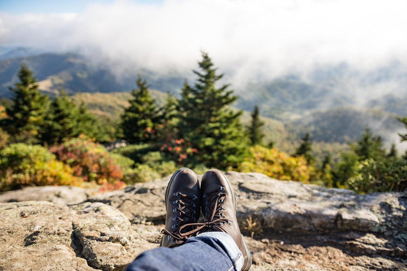 Pair of lace-up leather hiking boots resting on a rock above a forested valley.