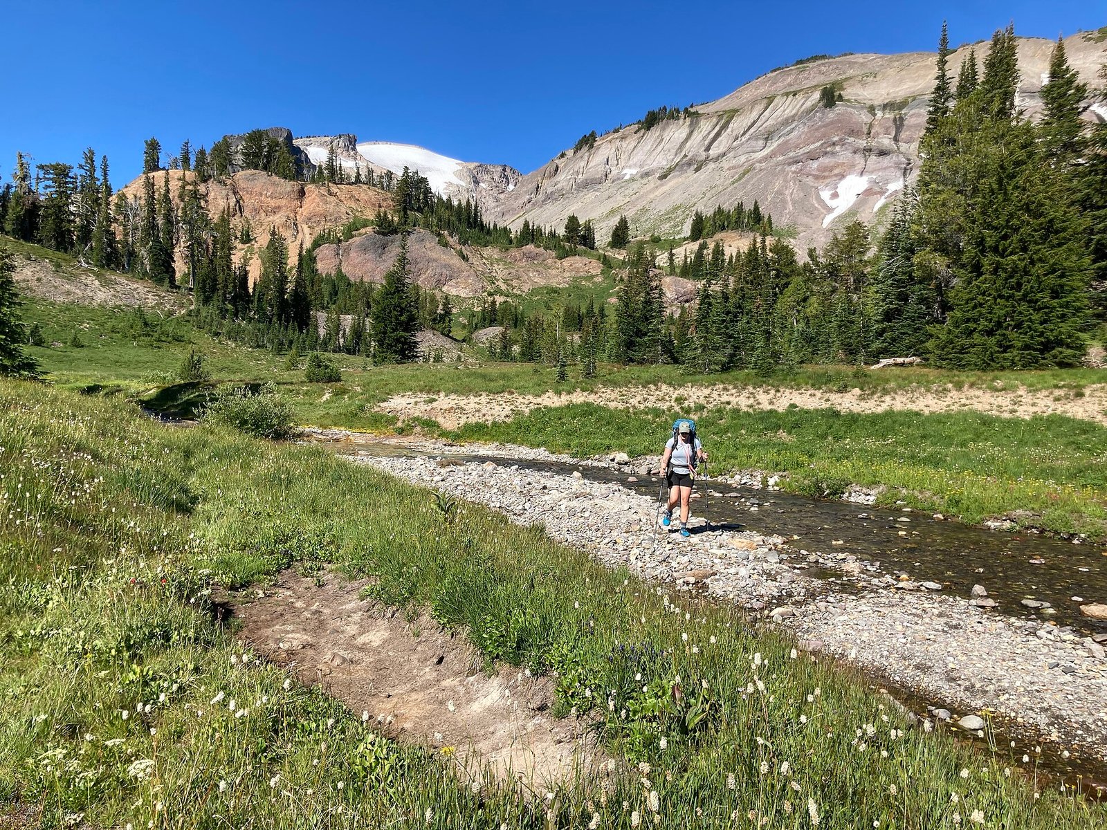 Backpacker with trekking poles crossing a shallow mountain stream in a green valley.