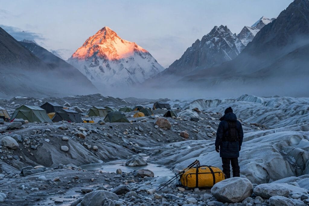 K2 at dawn from Concordia on the Baltoro Glacier with expedition tents and a trekker's duffel bag — K2 base camp trek gear essentials.