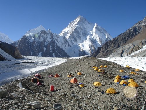 K2 with the Broad Peak Base Camp in the foreground