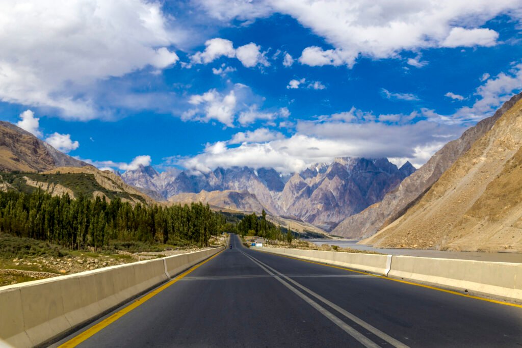 Karokoram Highway bridge above Attabad Lake with the Passu Cones beyond in Gojal