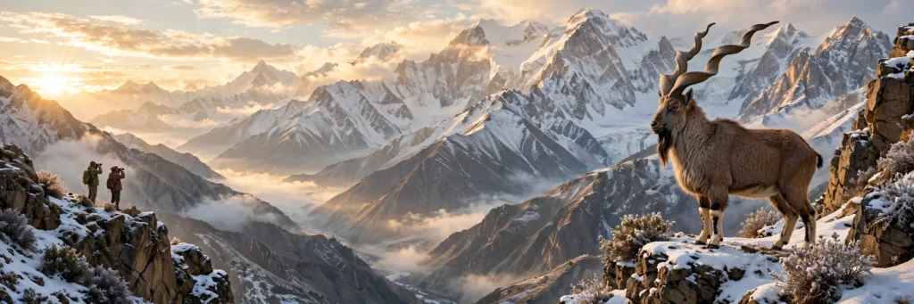 Astor markhor with spiral horns on a snowy mountain cliff in Gilgit-Baltistan, hunter and guide observing from a distant ridge