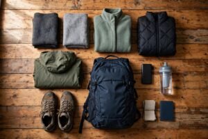 Flat-lay of what to pack for northern Pakistan: layered clothing, walking shoes, daypack, power bank and filter bottle arranged on a wooden floor.
