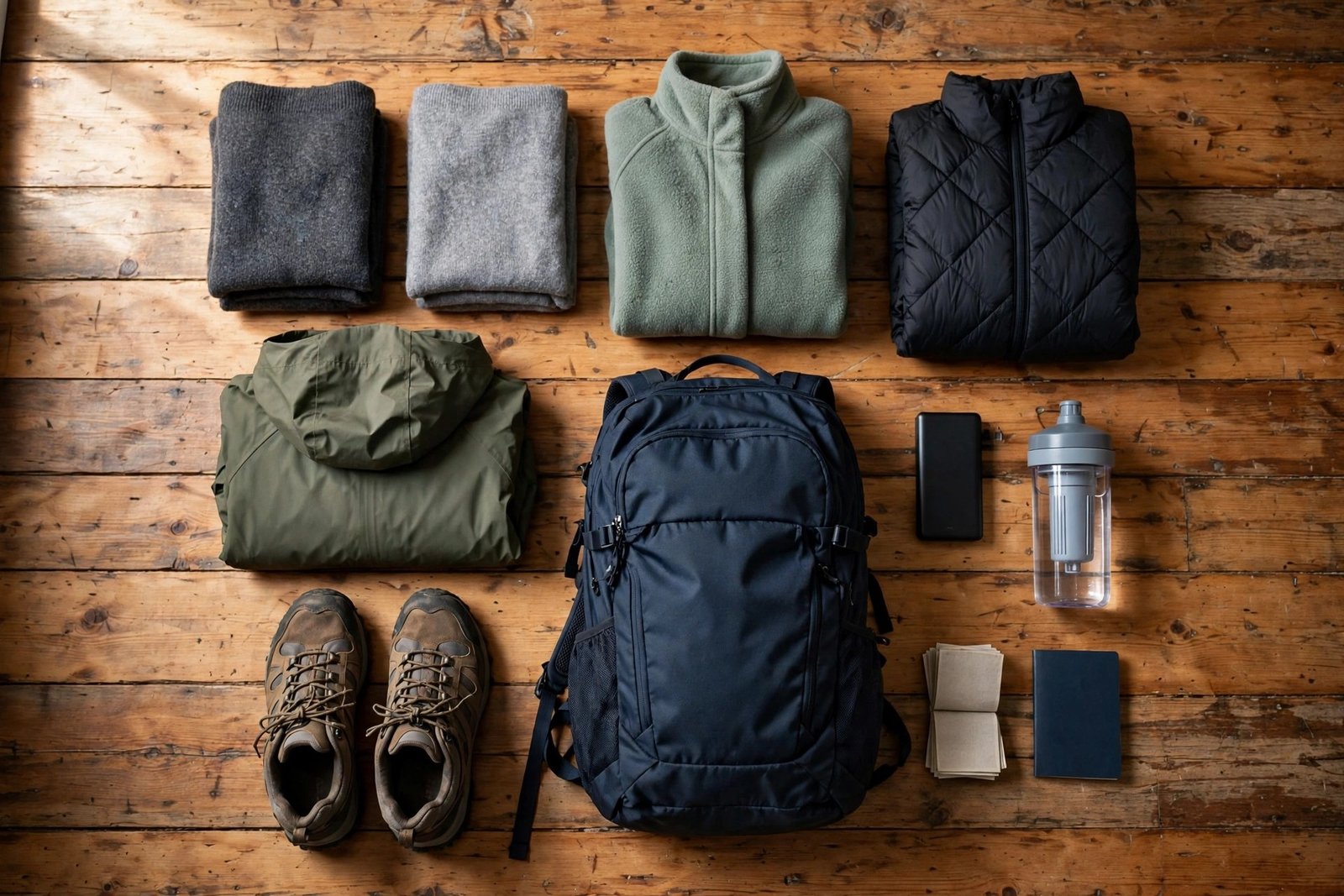 Flat-lay of what to pack for northern Pakistan: layered clothing, walking shoes, daypack, power bank and filter bottle arranged on a wooden floor.