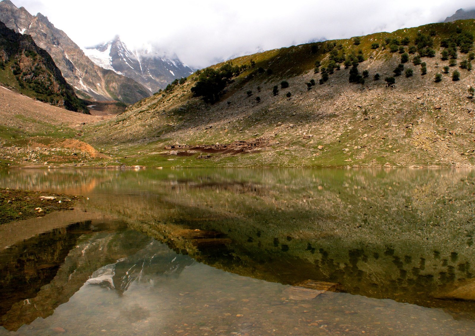 Still waters of Rama Lake reflecting the mountains of Astore Valley.