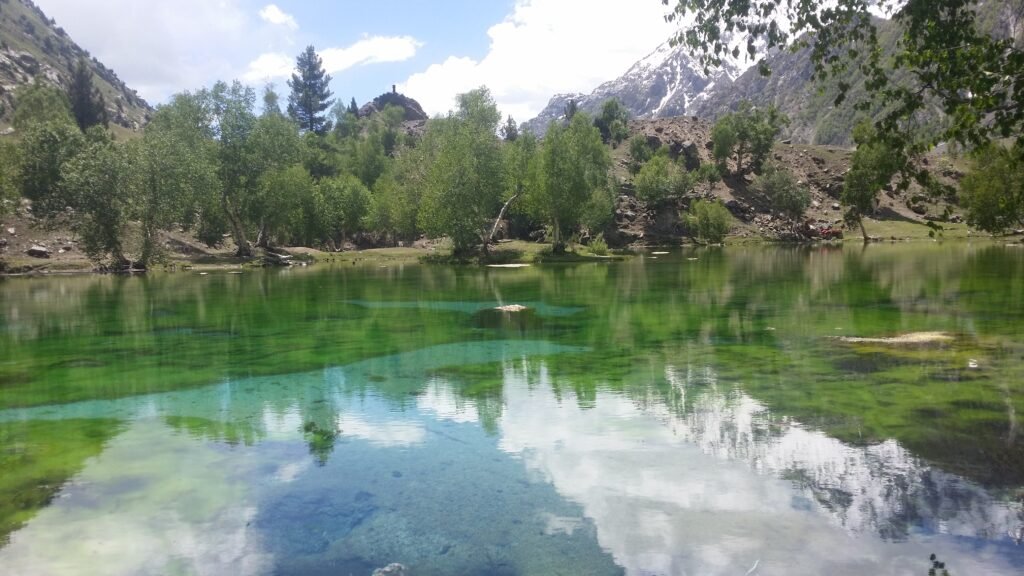 Green and turquoise water of Satrangi Lake beneath trees and snow peaks in Naltar Valley