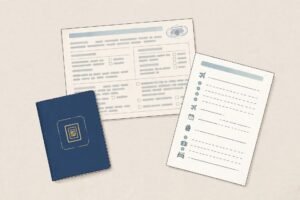 Pakistan tourist visa documents flat lay: passport, application form and photos