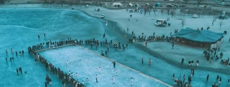 Ice hockey on the frozen Khalti Lake in winter, Ghizer, Gilgit-Baltistan